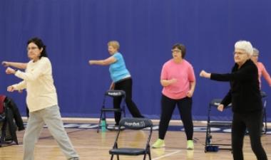 6 women in a gym doing light exercise. 