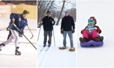 This image shows three images: a boy playing hockey, two males cross country skiing and snowshoeing and two young kids sledding down a hill.