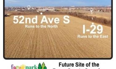 Photo shows aerial of future site of Fargo Sports Complex with 52nd Ave S marked to the North and I-29 marked to the East with the Fargo Parks logo