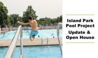 This graphic shows a photo of a child jumping off the diving board at Island Park Pool