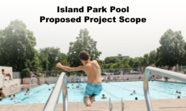 Photo shows kid jumping from diving board with text that reads "Island Park Pool Proposed Project Scope."