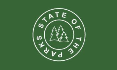 Green background with white logo that says state of the parks and has three trees in the middle