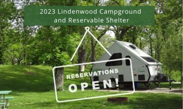 Picture of A-Line Camper in Lindenwood Campground with white text that says "2023 Lindenwood Campground and Reservable Shelter Reservations Now Open