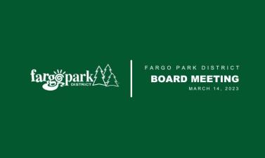 Green Background with white Fargo Park District Logo and text that says Fargo Park District Board Meeting 