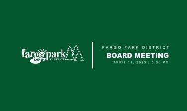 Green background with white Fargo Park District logo and text that says Fargo Park District Board Meeting April 11, 2023 5:30 PM
