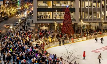 photo of broadway square during the holiday tree lighting