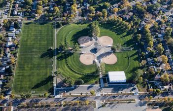 This image shows an aerial view of Tharaldson Little league Complex.