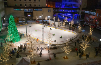 This image shows Broadway Square from above during the Christmas Tree lighting and rink opening event.