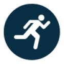 Navy blue circle with white icon of a person running