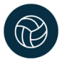 Navy blue circle with white outline of a volleyball