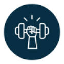 Navy circle with white outline of a hand holding a dumbbell. 