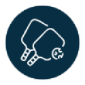 Navy circle with white icon of two pickleball paddles and a pickleball
