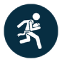White icon of a person with a flag around their waist, running with a football in their arm in a navy circle