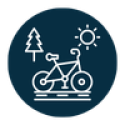 Navy circle with white line icon of bicycle on a road with a sun in the right top corner and a evergreen tree in the top left corner
