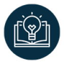 Navy circle with white icon of a book with a light bulb coming out of it