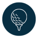 Navy circle with white outline icon of a spool of a golf ball on a tee