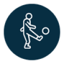 Navy circle with white outline icon of a person kicking a ball 