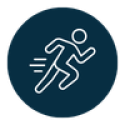 Navy circle with white outline icon of a person running with wind coming off of them from moving so fast. 