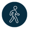 Navy circle with white outline of a person walking