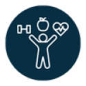 Navy circle with white icon of a spool of thread and person with outstretched arms with an apple, a heart, and dumbell over their head. 
