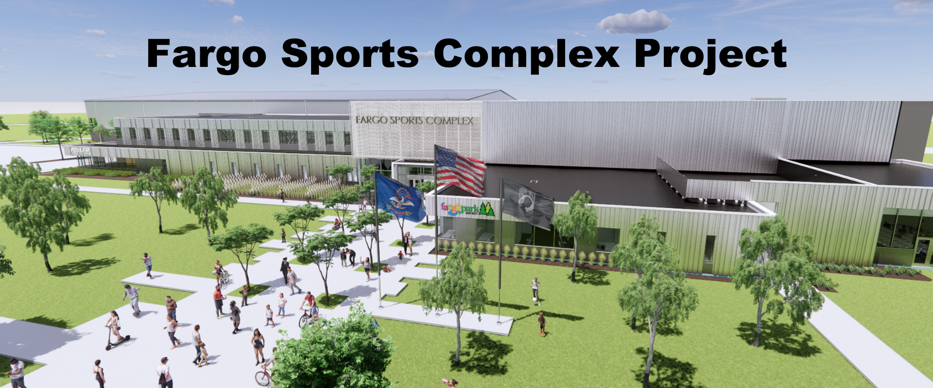 This image shows a front rendering of the Fargo Sports Complex. 