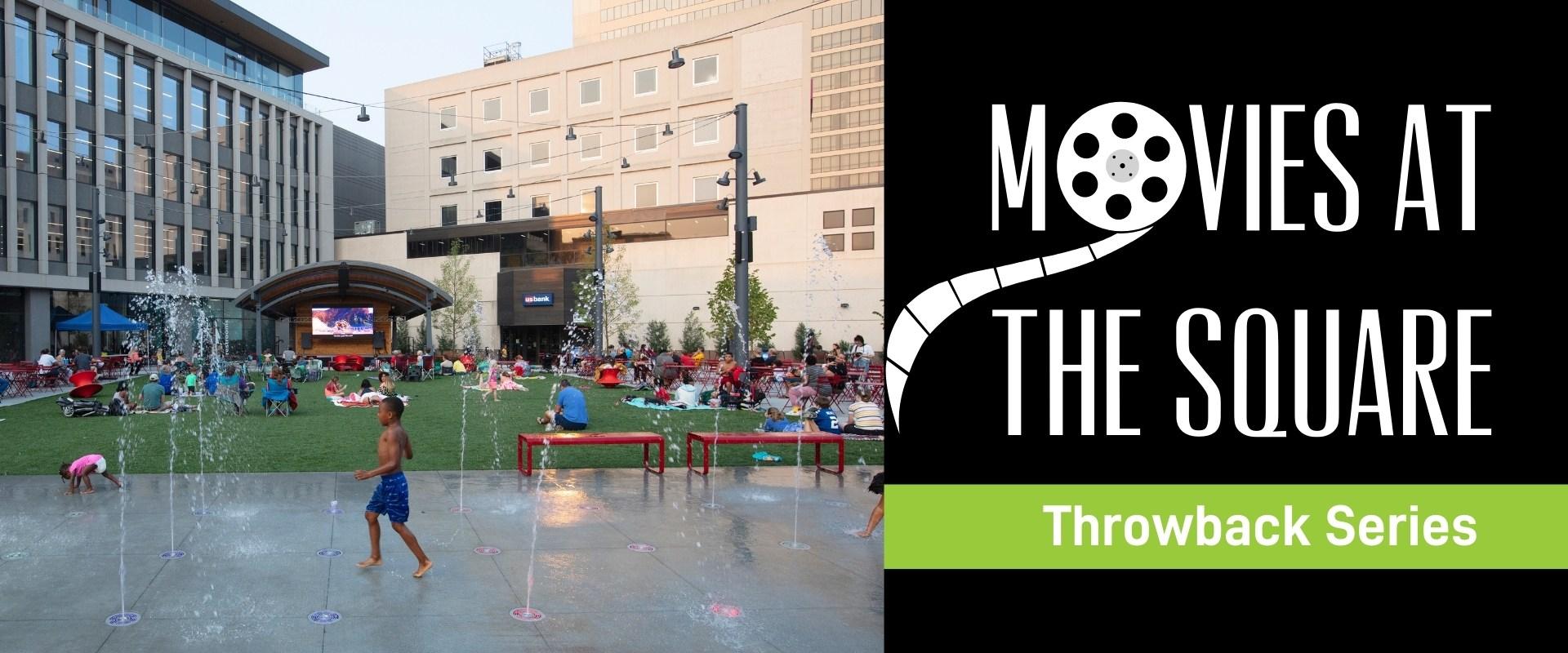 This Graphic shows people enjoying movies at the square and shows the movies at the square logo and throwback series