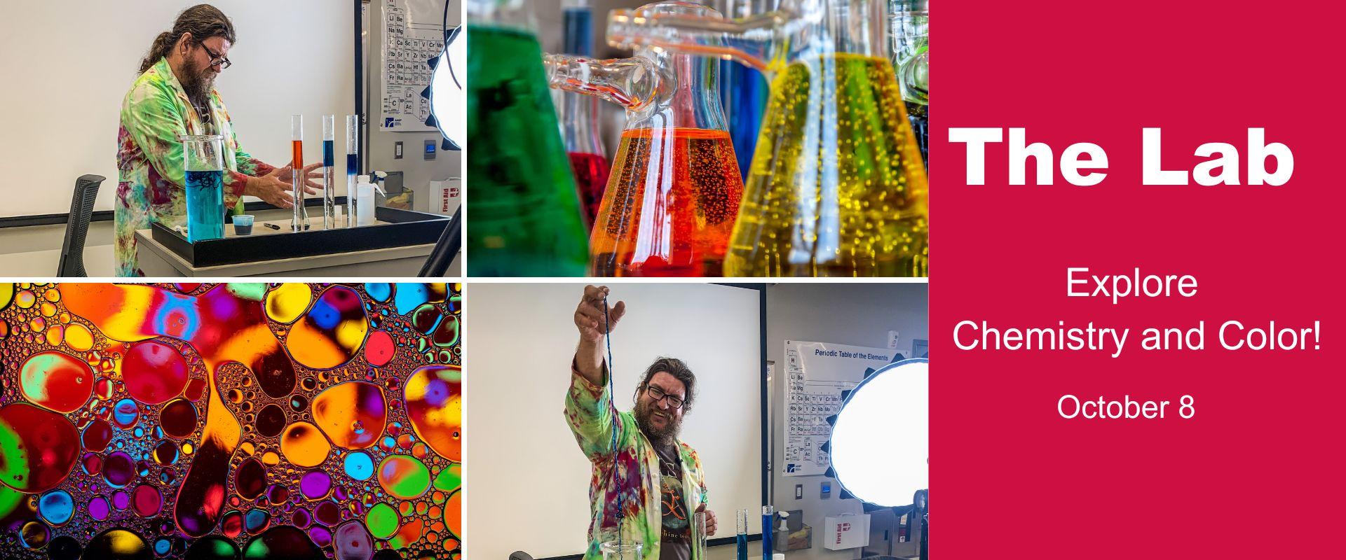 This photo shows colorful images of chemistry with liquids, viles, and Dr Graeme from Concordia