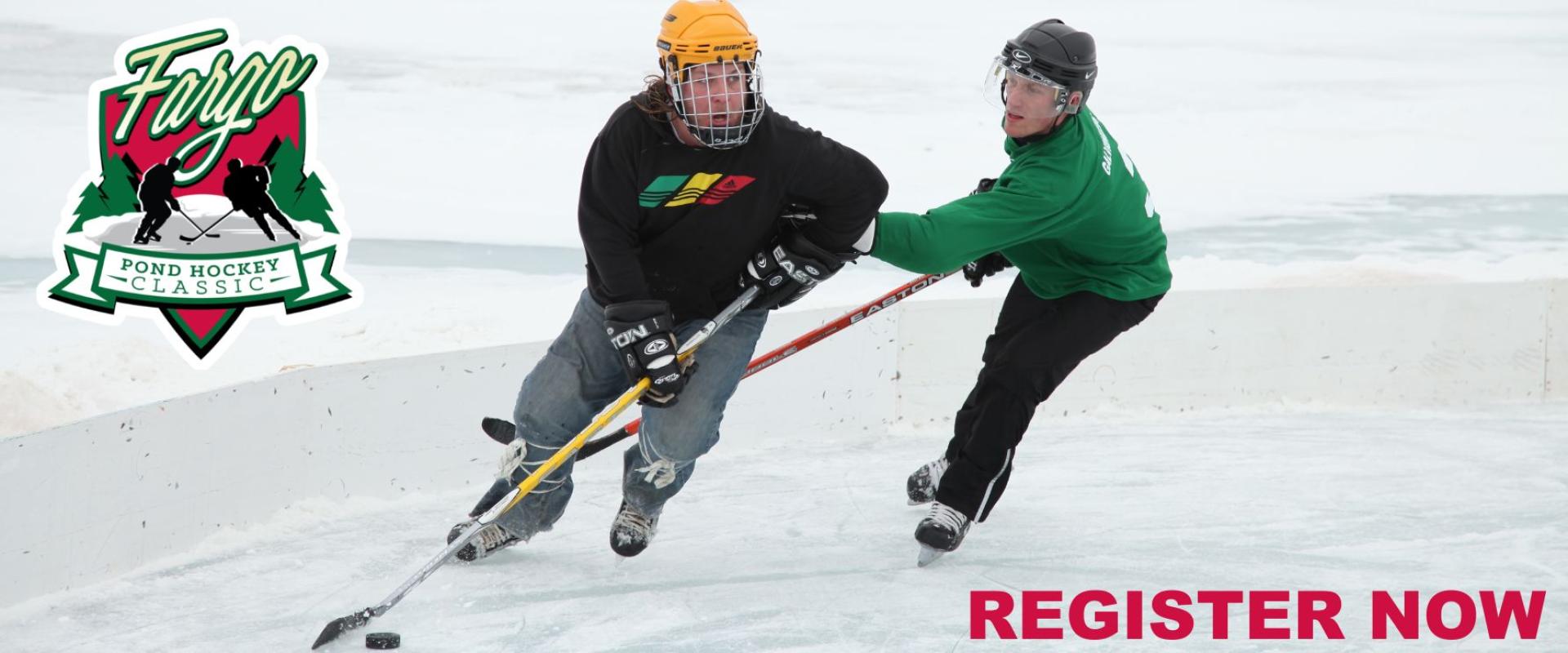 This image shows two hockey players with the pond hockey logo