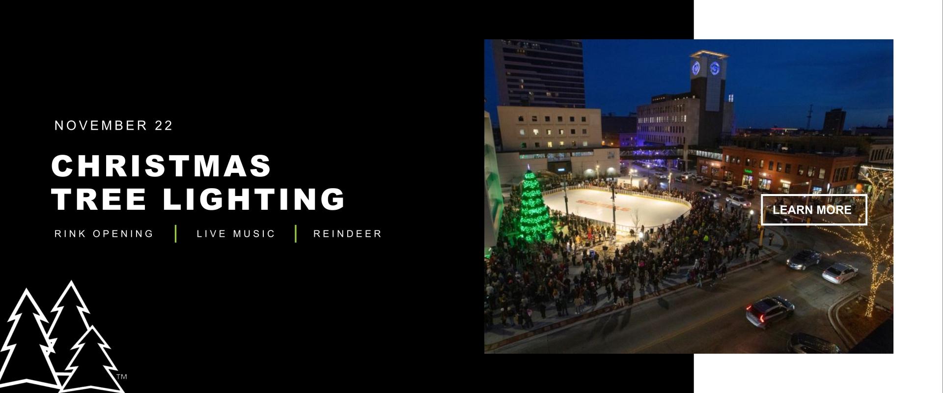 Graphic shows a photo of tree lighting with info and learn more