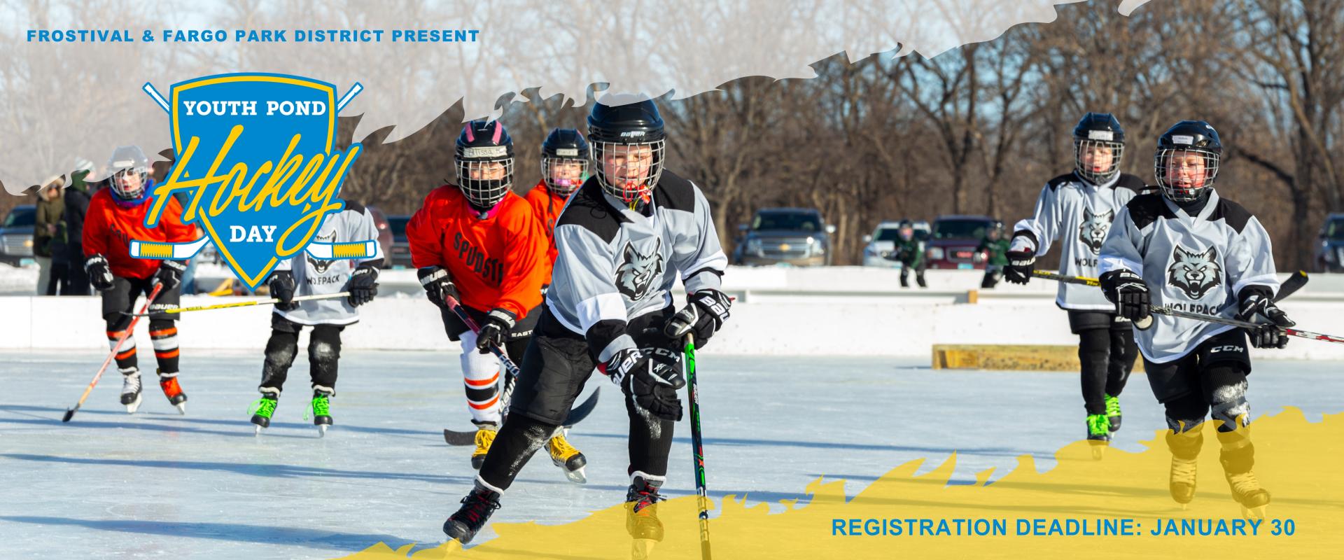 two groups of kids playing hockey on outdoor rink - Text Frostival & Fargo Park District Present Youth Pond Hockey Day logo - Registration Deadline: January 30
