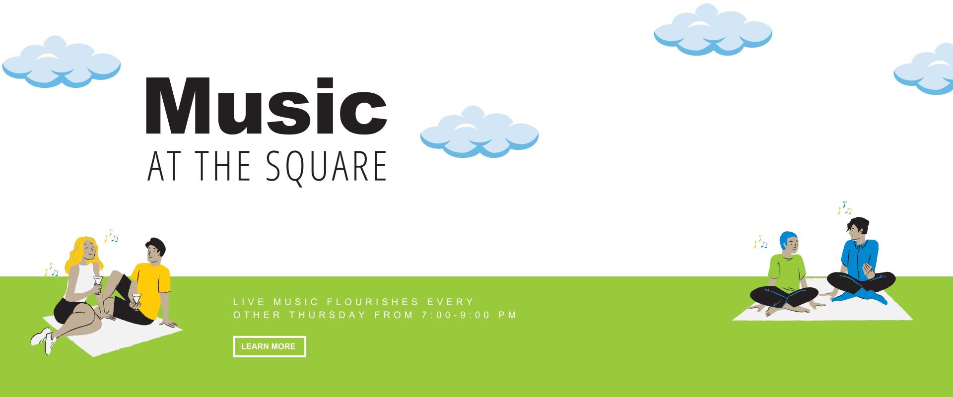 this graphic is a colorful illustration of people sitting and chatting that says music at the square with a button to learn more