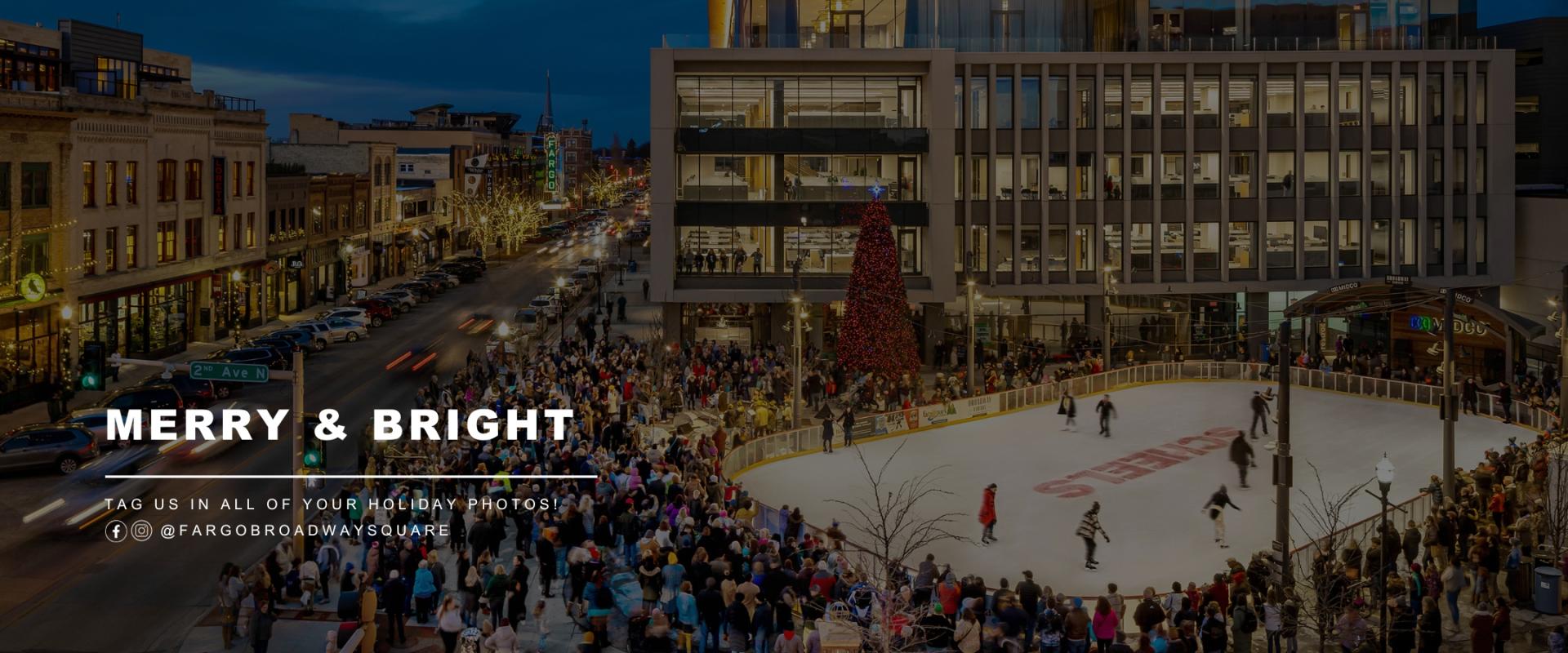 This slider shows broadway square tree lighting and says Merry & Bright, tag us in your holiday photos