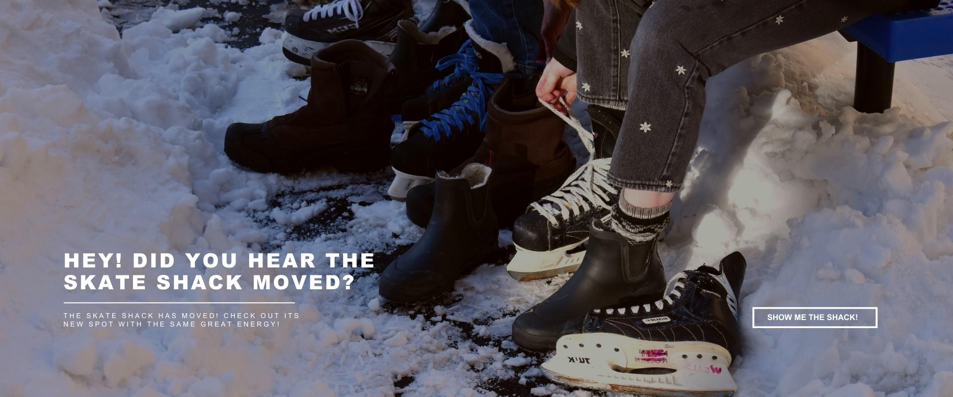 This image shows people lacing up their skates with text saying that the skate shack has moved and a button to learn more