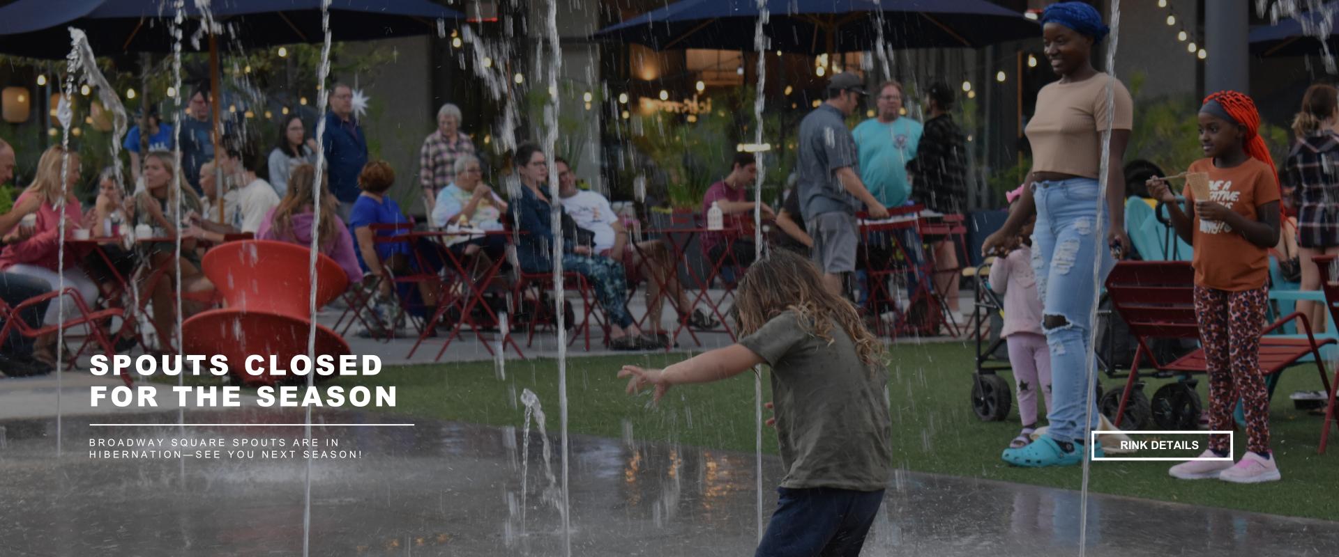 Children playing at Broadway Square’s splash pad, now closed for the season as fall events approach.