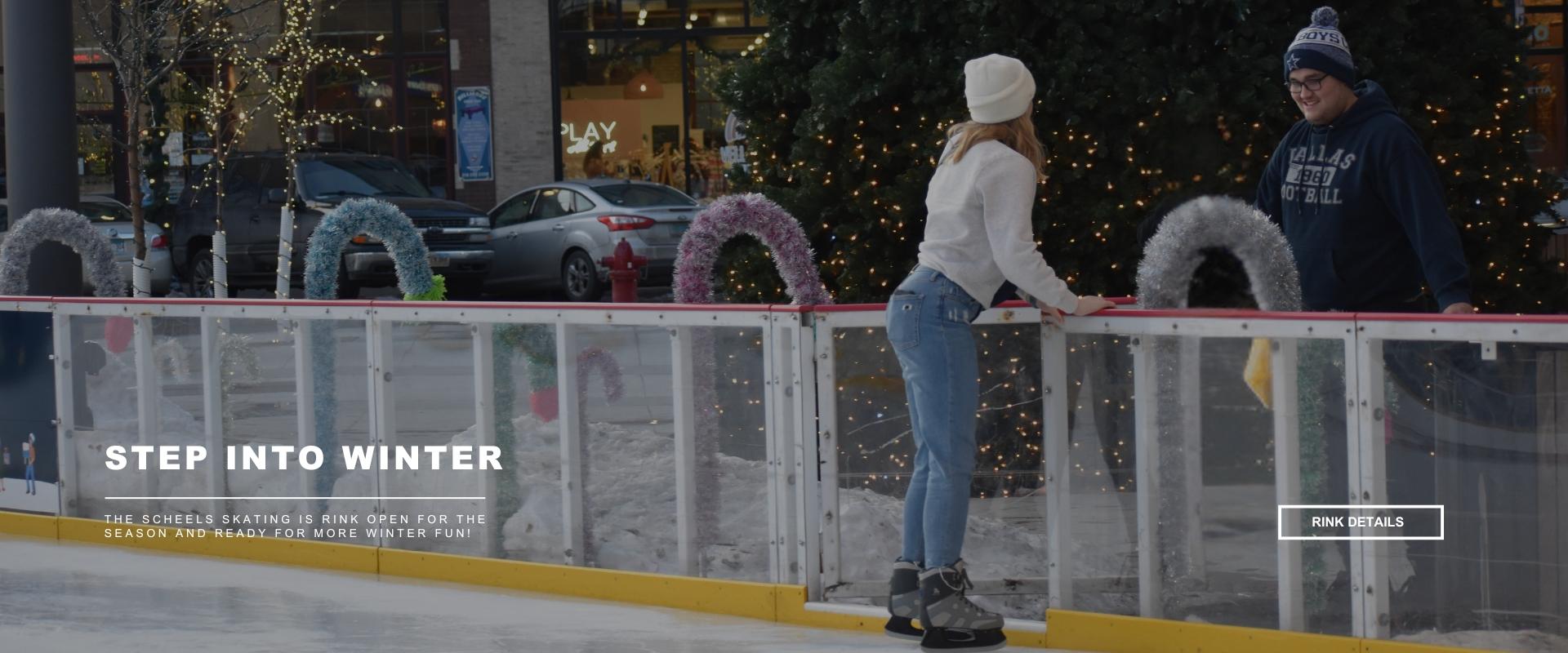 This image shows people ice skating in downtown fargo at broadway square with text saying the rink is open