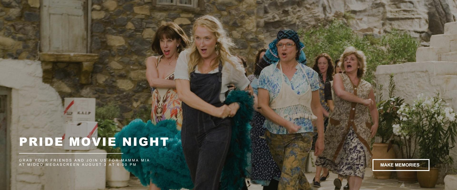 Ladies dancing and singing in Mamma Mia movie. Pride Movie night with button to click to learn more information.