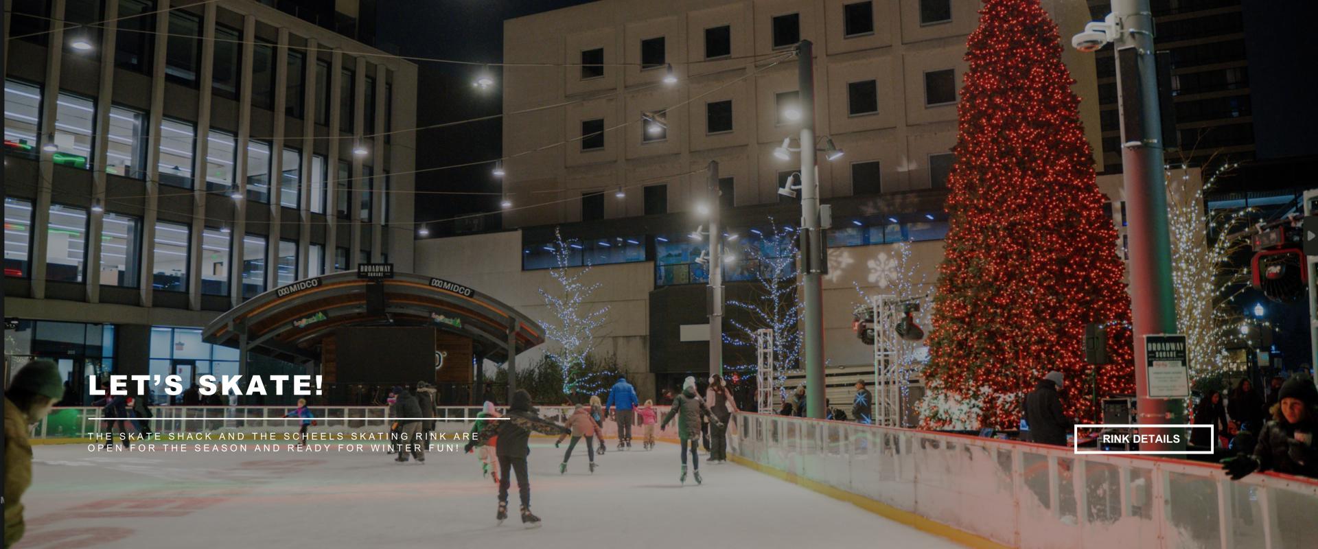 This graphic shows an image of people skating at the square with text that says "let's skate" and a button to learn more