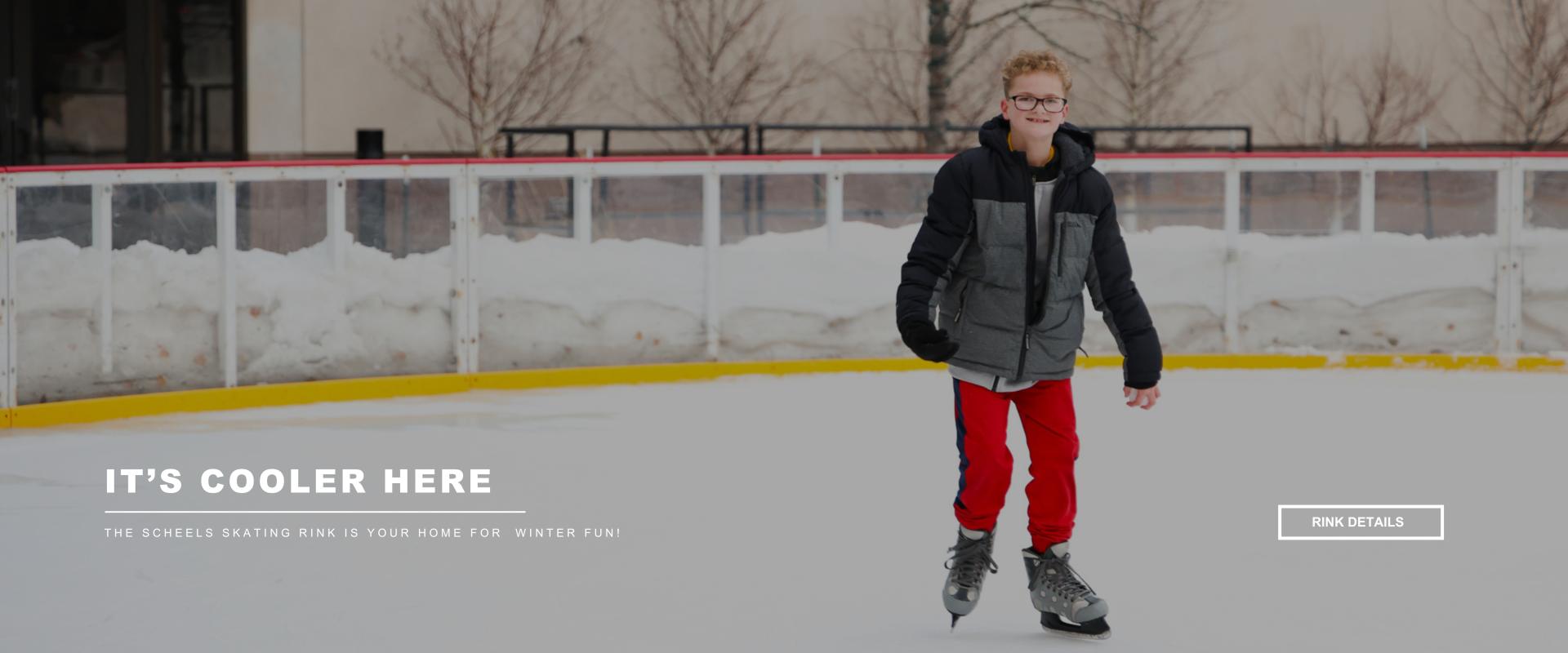 this image shows a child skating with text that says "it's cooler here" and a button to learn more about skating