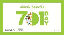 This image shows the 701 Day logo with the fargo parks logo and broadway square logo with the date July 1
