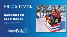 Frostival logo on blue background  - CARDBOARD SLED RACES - January 20 - 11am-12pm - Mickelson Sledding Hill with the Fargo Park District Logo - to the left is an image of a mother (dressed as wonder woman), father (dressed as iron man) and son (dressed as captain america) in a red white and blue cardboard sled box with wings at the top of a hill, ready to slide down the hill 