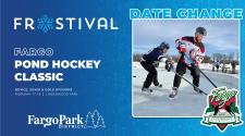 Frostival logo on blue background  - Fargo Pond Hockey Classic - February 17-18 - Lindenwood Park - Fargo Park District Logo - DATE CHANGE over an image of two men in hockey gear and sticks battling over a puck. 