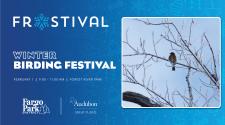 Frostival logo on blue background  - WINTER BIRDING FESTIVAL - February 1 - 9am-11am - Forest River Park with the Fargo Park District & Audubon Great Plains Logos - to the left is an image a robin sitting in on a snowy branch with many other snowy branches around it